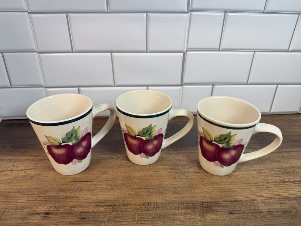 3 Four Star Stoneware 2002 Apples Pattern 14 oz Mugs / Cups